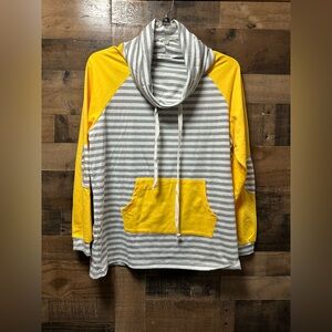 BARLVER XL Cowl Neck Hoodie Gray White Stripe Yellow Raglan Pullover Stretch